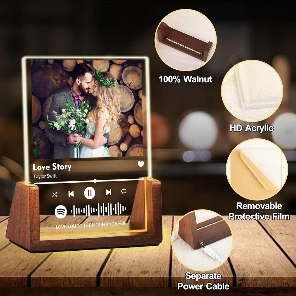 Personalized Couple Gifts For Boyfriend Girlfriend Him Her Husband Wife, Custom Acrylic Spotify Plaque With Photo Name, Customized Light Up Picture Frame For Anniversary Birthday Christmas Gifts
