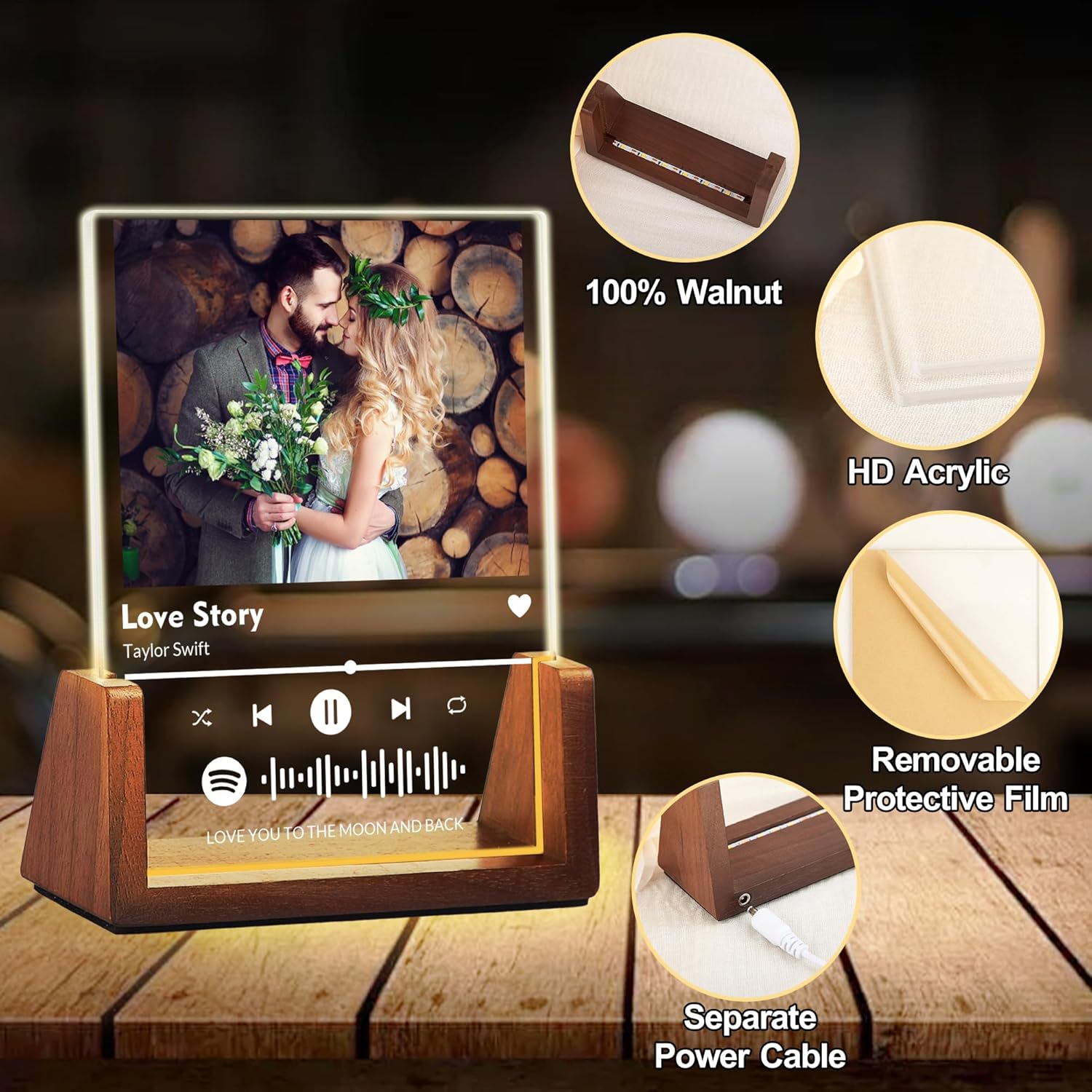 Personalized Couple Gifts For Boyfriend Girlfriend Him Her Husband Wife, Custom Acrylic Spotify Plaque With Photo Name, Customized Light Up Picture Frame For Anniversary Birthday Christmas Gifts