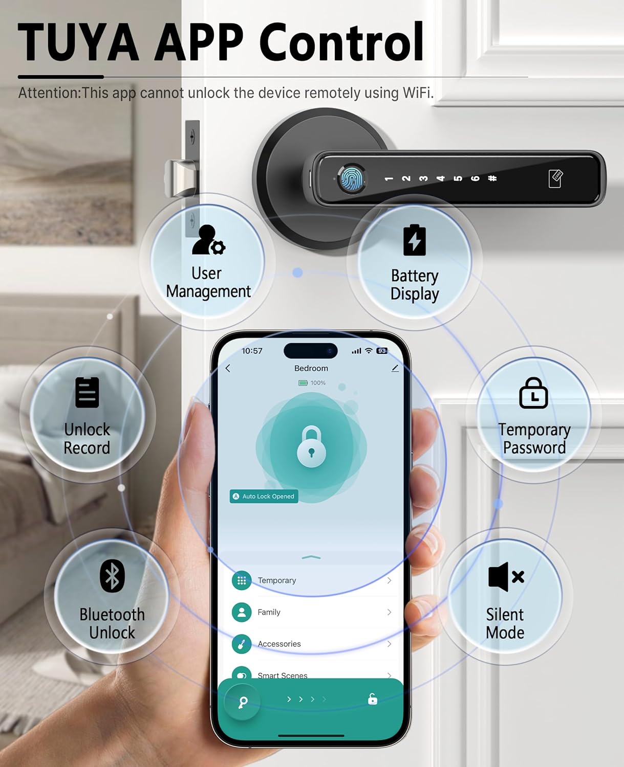 Asidrama Smart Fingerprint Door Lock with Keypad Handle - Keyless Entry via Biometric, APP, Code, Keys & Card for Bedroom, Office, Hotel, Apartment - Black