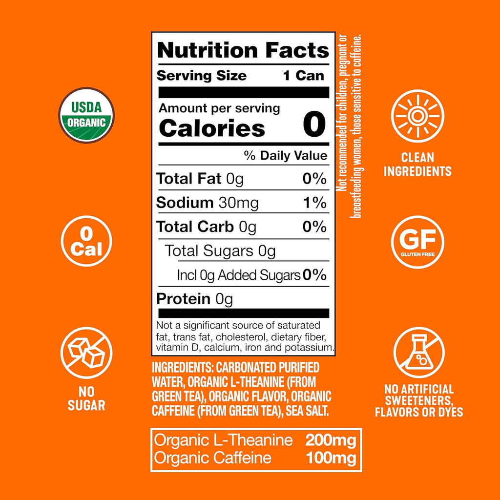 ARDOR ENERGY Sparkling Water with 100mg Natural Caffeine & 200mg L-Theanine from Organic Green Tea for Smooth Energy & Focus | Healthy Energy Drink | No Sugar, Zero Calories, Vegan, Gluten-Free | Tropical Mango (Pack of 12, 12oz cans)