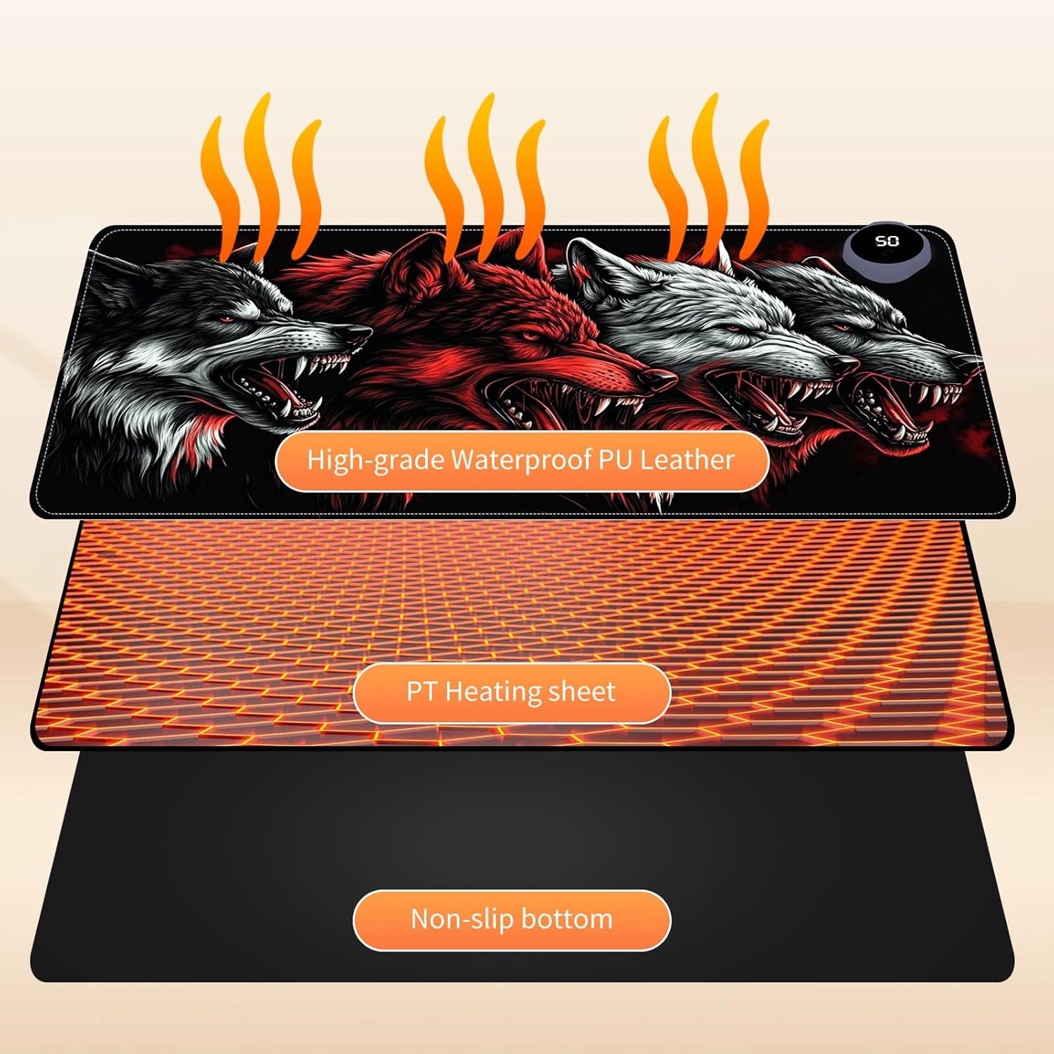 Small Heated Desk Pad 23.6" x 14.2" – Compact Electric Mouse Pad with 3 Heating Levels, Auto Shut-Off, Waterproof PU Surface, Plug-in Warmer for Office or Home Use, Four Wolves