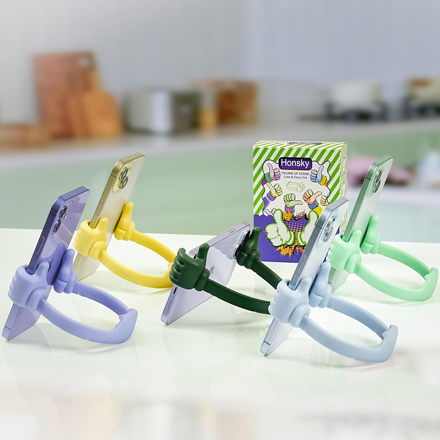 Honsky Thumbs up Cell Phone Stand Holder, Ok Stand Tablet Stand Cradle for Desk Desktop Smartphone Cellphone Mobile Phone Tablets - Universal Adjustable Flexible - Light Blue/Light Yellow