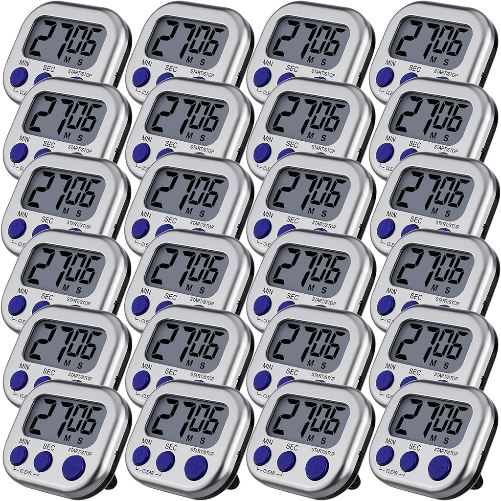 Leumoi 24 Pcs Digital Kitchen Timers Magnetic Back Timers Bulk Large Screen Loud Alarm On/Off Switch Minute Second Count up Countdown Memory Setting for Cooking Classroom Exercise (Sliver and Blue)