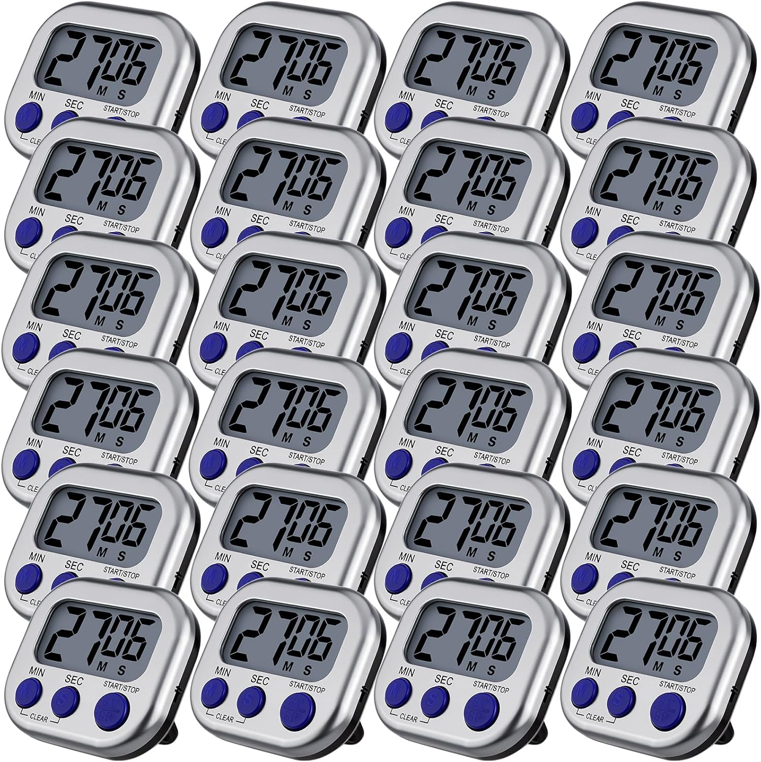 Leumoi 24 Pcs Digital Kitchen Timers Magnetic Back Timers Bulk Large Screen Loud Alarm On/Off Switch Minute Second Count up Countdown Memory Setting for Cooking Classroom Exercise (Sliver and Blue)