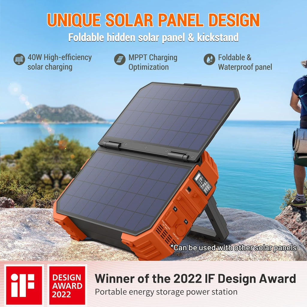 BROWEY Portable Power Station, 1000W Solar Generator with Built-in Solar Panel, 614WH/192000mAh LiFePO4 Battery Pack, AC/DC/USB/PD Outputs, for Outdoor Camping, RV Travel, Emergency Preparedness