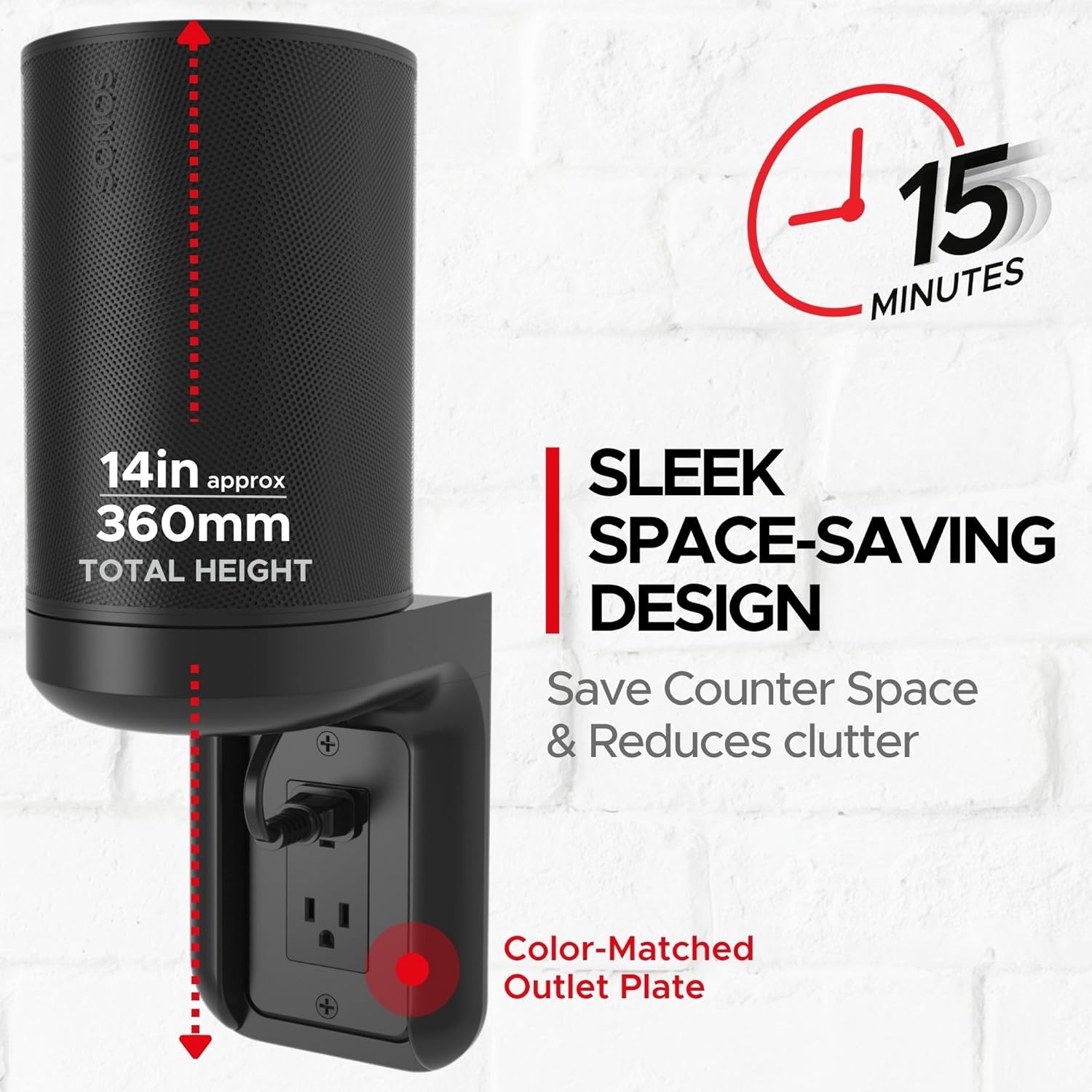 Sound Bass ERA100 Shelf Wall Outlet AC, Black, Home, Compatible with Sonos ERA 100, Plug Mount Organizer, Bathroom, Kitchen, Bedrooms, Cord Management, Easy Installation, Mounting Kit Included