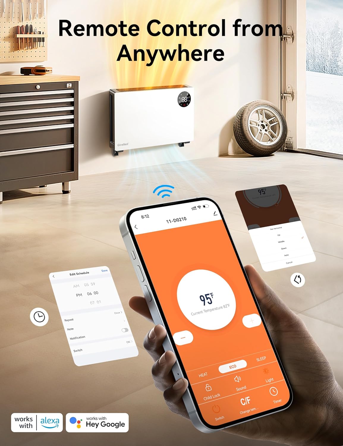 GiveBest Super Quiet Wall Heaters for Indoor Use, Baseboard Design Space Heater, Adjustable Thermostat, Child Lock, 12H Timer, 1500W Easy-mounted Electric Smart Heater for Bedroom Living Room Garage