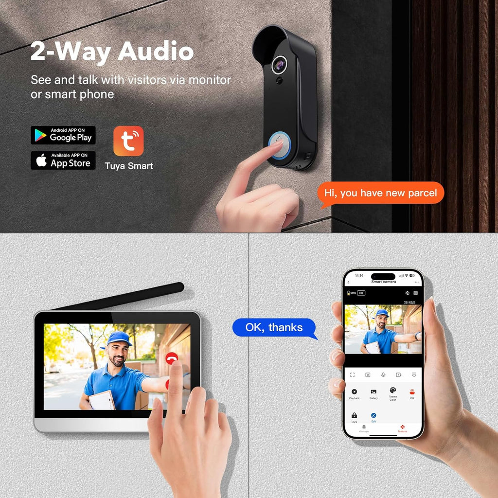 Wireless Doorbell Camera with Monitor Video Door Phone Intercom System 1080P 7'' Touch Screen Two-Way Audio Smart Door Bell with Night Vision, Motion Detection, No Monthly Fees, Tuya APP