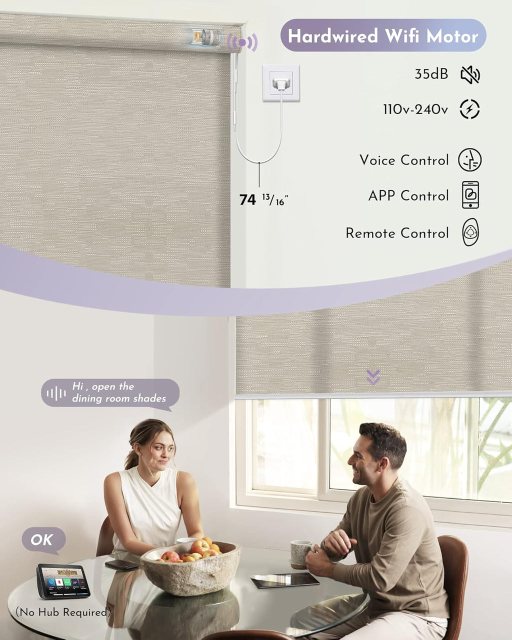 Graywind Motorized Light Filtering Shades Compatible with Alexa Google Hardwired WiFi Smart Half Shading Remote Control Automated Blinds Electric Window Shades, Custom Size (Jacquard Coffee)