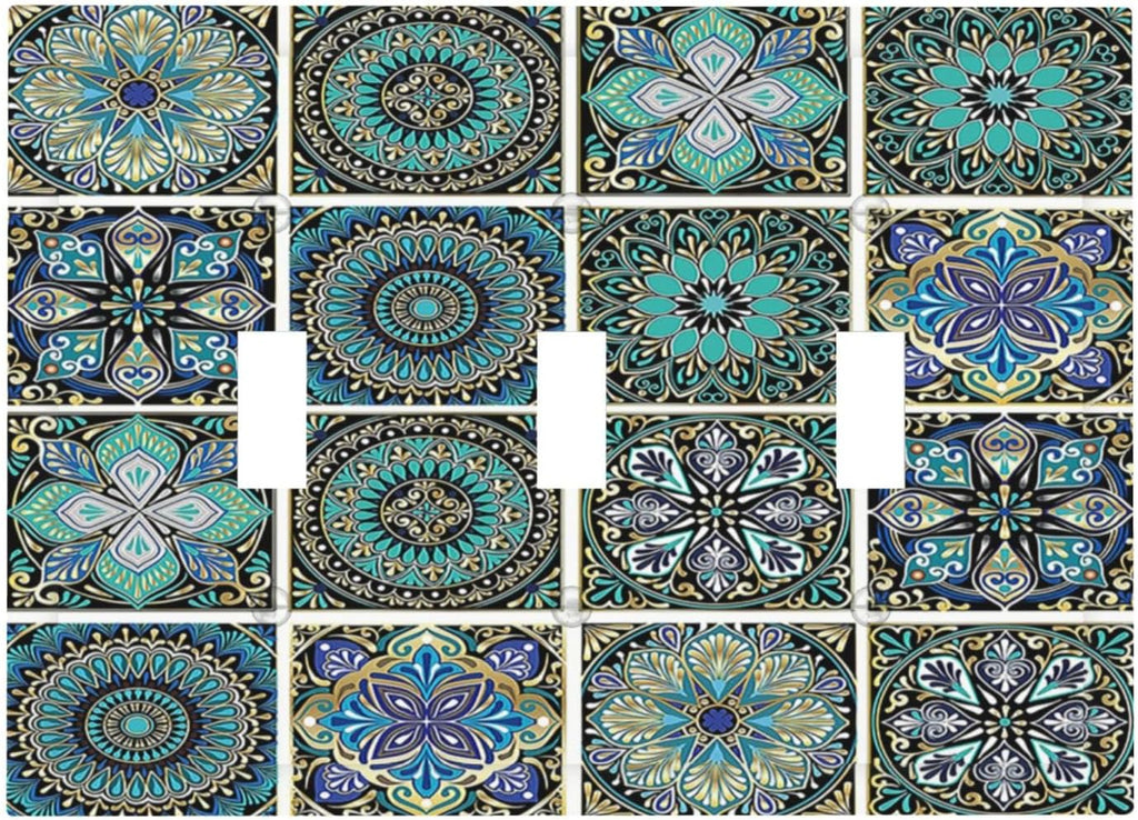 Decorative Switch Plates Mandala Decorative Rustic Vintage Turquoise Pattern 3 Gang Wall Plate Triple Toggle Light Switch Cover Faceplate Electrical Wall Panels for Bedroom Bathroom