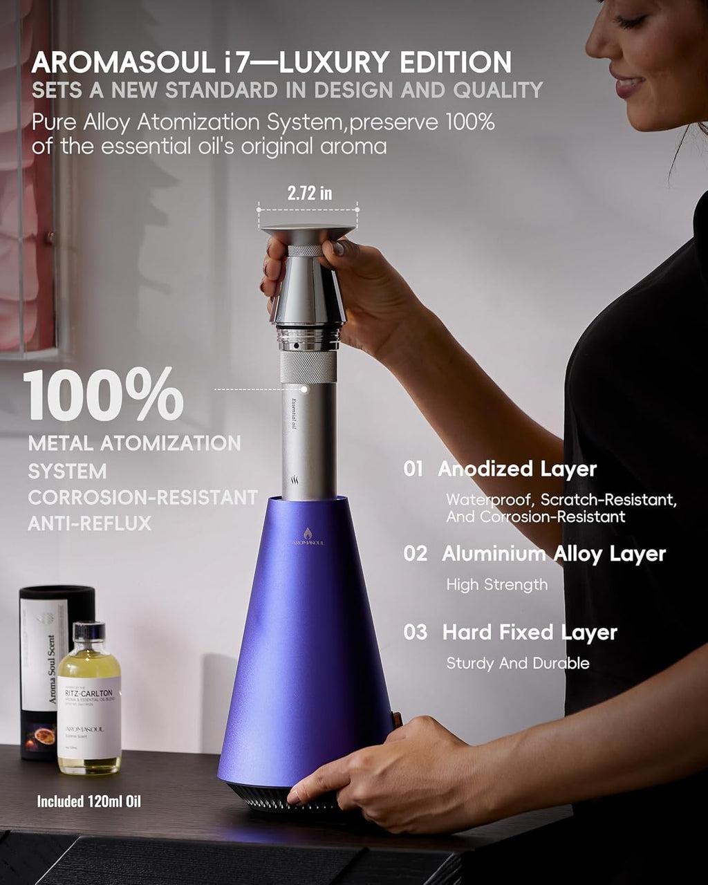 Waterless Scent Diffuser Starter Kit - 1500 Sq Ft Coverage, Alloy Atomization System,Mood Light,Smart Rechargeable Hotel Scent Diffuser, Including 120ml Essential Oil, for Home,Large Room,Spa,Blurple