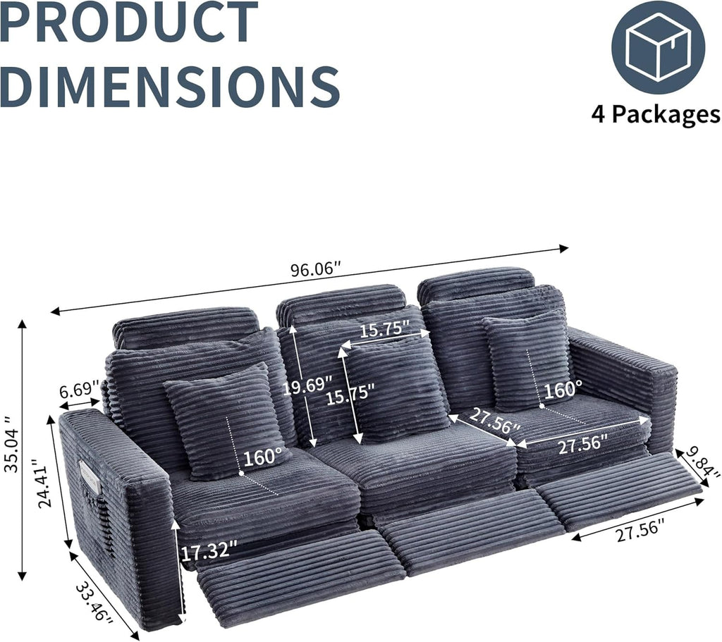LEVNARY 3-Seater Modular Reclining Sofa, Faux Rabbit Fur Power Recliner Couch with 3 Electric Seats, 3 Pillows & Side Pockets, Adjustable Back & Footrest, Living Room Furniture (Gray)