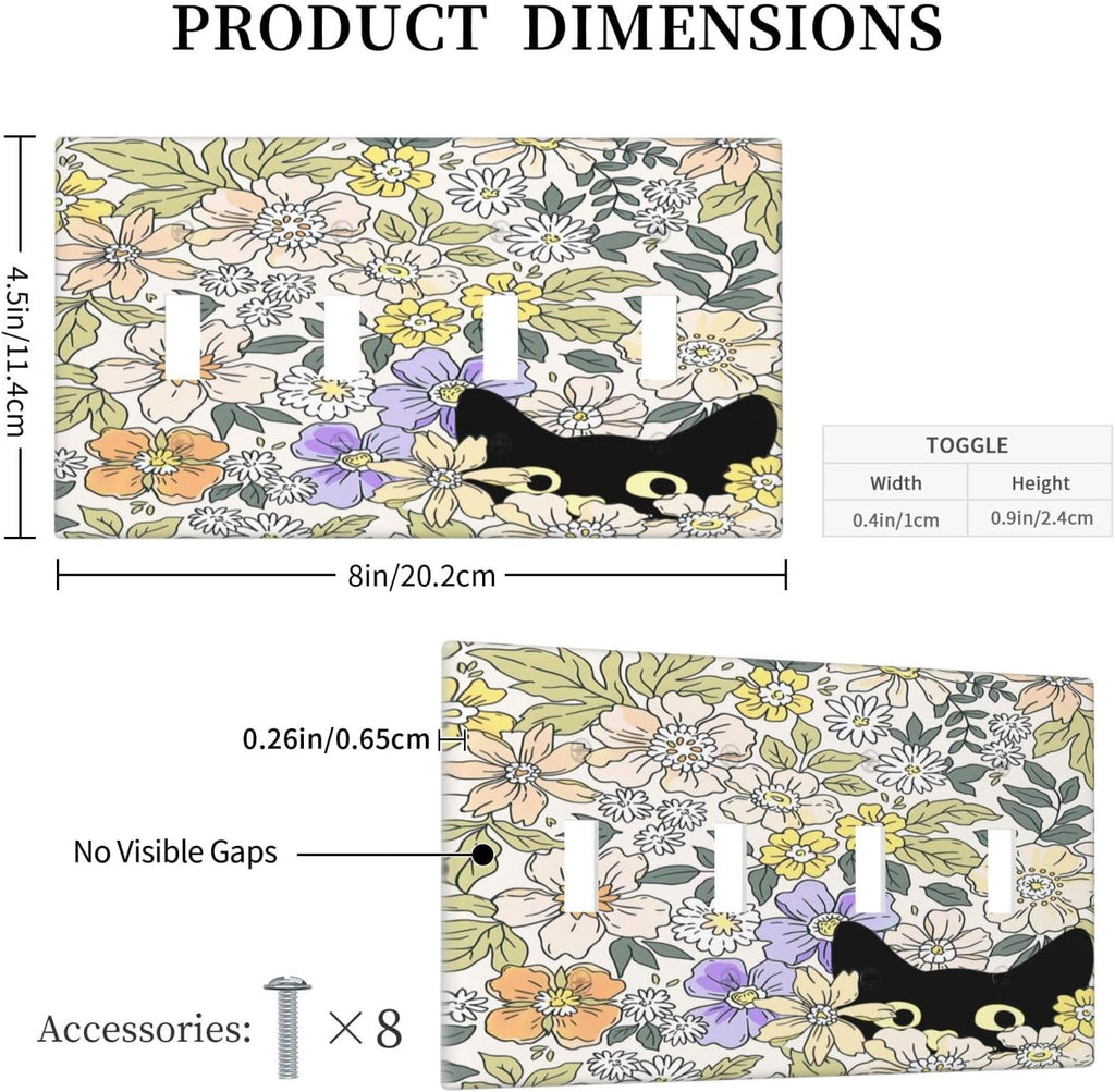 Decorative Light Switch Plate Covers Cute Black Cat in a Flower Patch Botanical Garden 4 Gang Artistic Wall Plate Unique Quad Toggle Light Switch Covers for Bedroom Home Decor