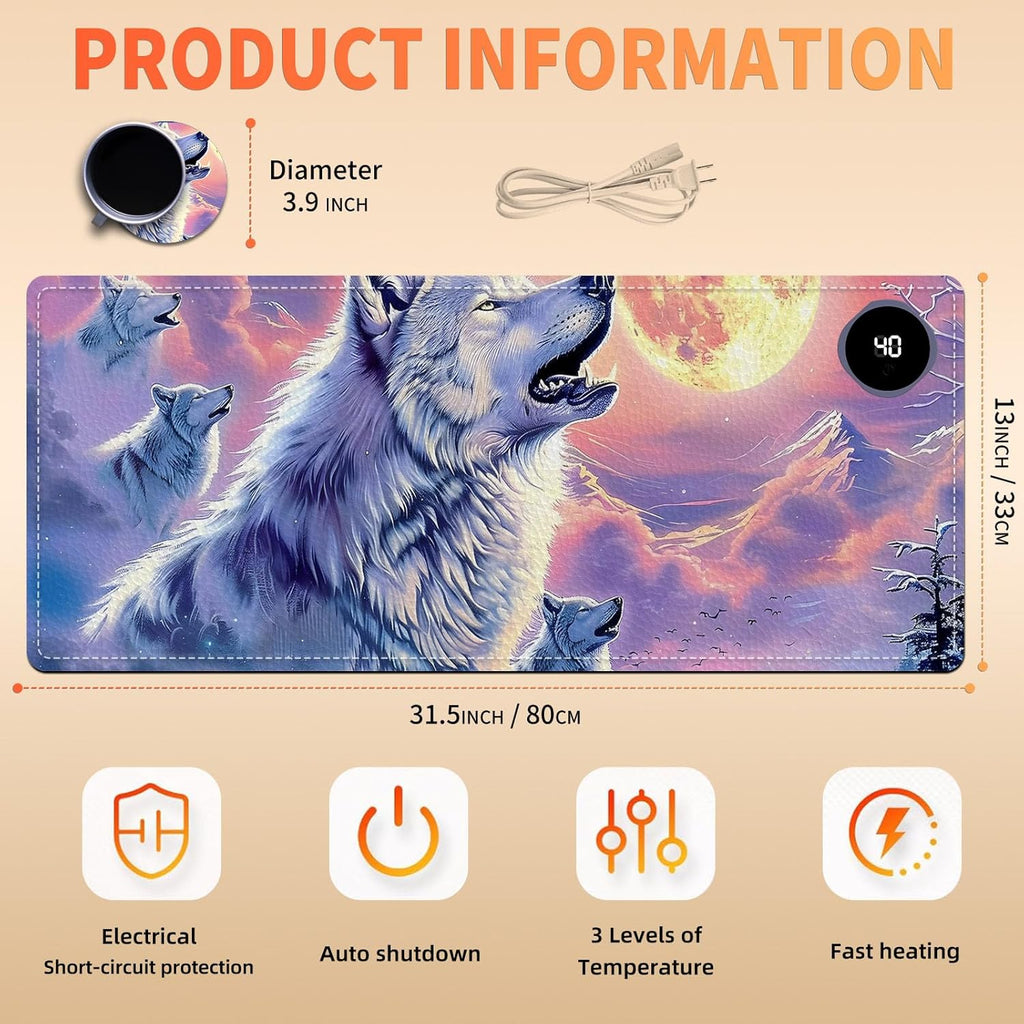 Heated Mouse Pad, Warm Desk Pad, Keyboard Mat 31.5 x 13 Inch Large Size Intelligent Fast Heating, 3 Speed Adjustable, Timed Auto Power Off for Game Office Home,Wolf Howling Under The Moon