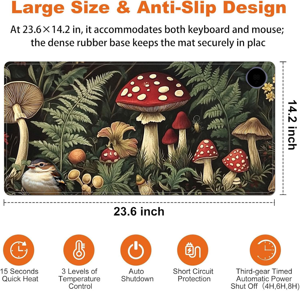 Small Heated Desk Pad 23.6" x 14.2" – Compact Electric Mouse Pad with 3 Heating Levels, Auto Shut-Off, Waterproof PU Surface, Plug-in Warmer for Office or Home Use, Forest Mushrooms