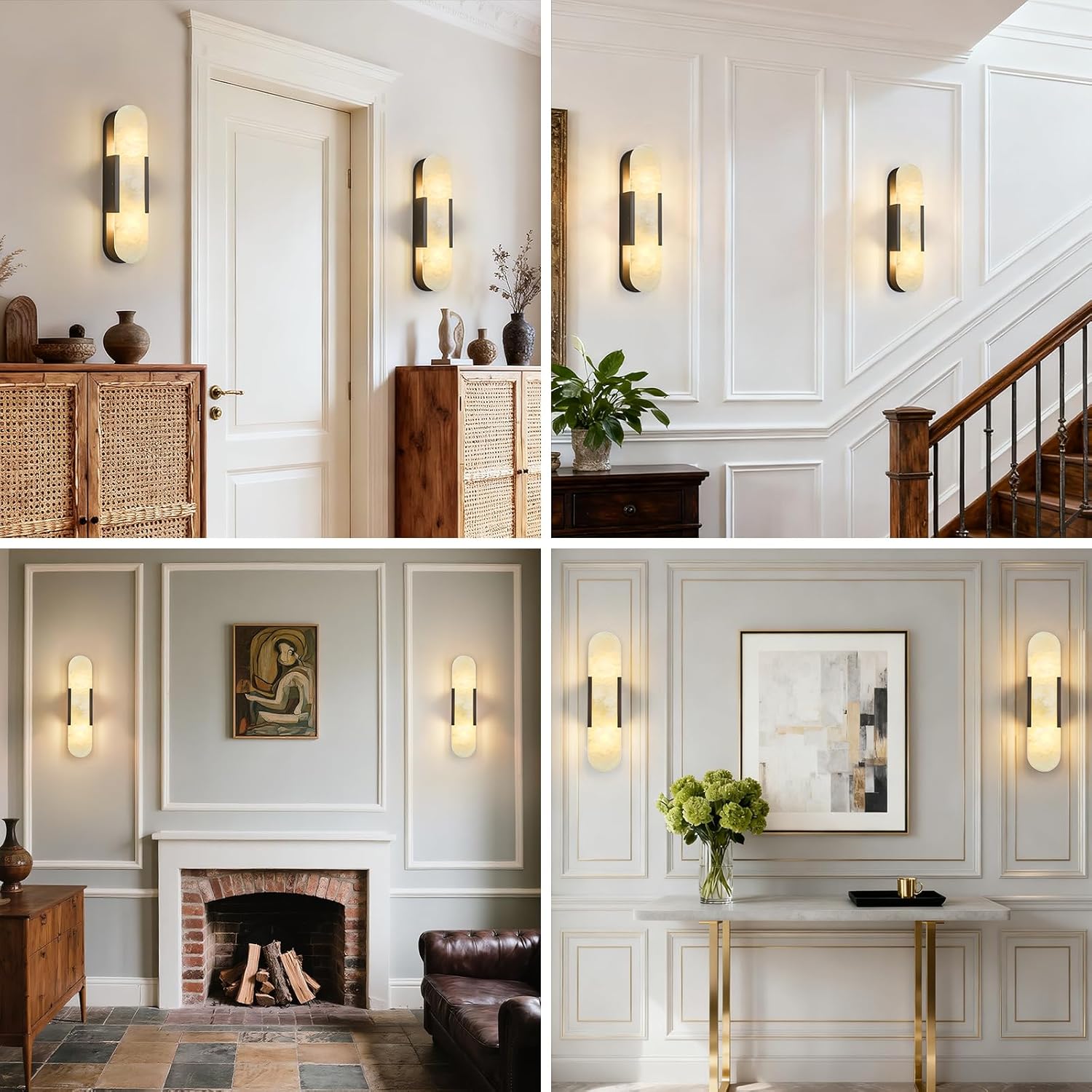 Alabaster Wall Sconce, Modern Natural Marble Wall Sconces for Indoor Lighting, 19.7 in Black Wall Lights for Bathroom Dining Room Stairs Bedroom (1-Pack)