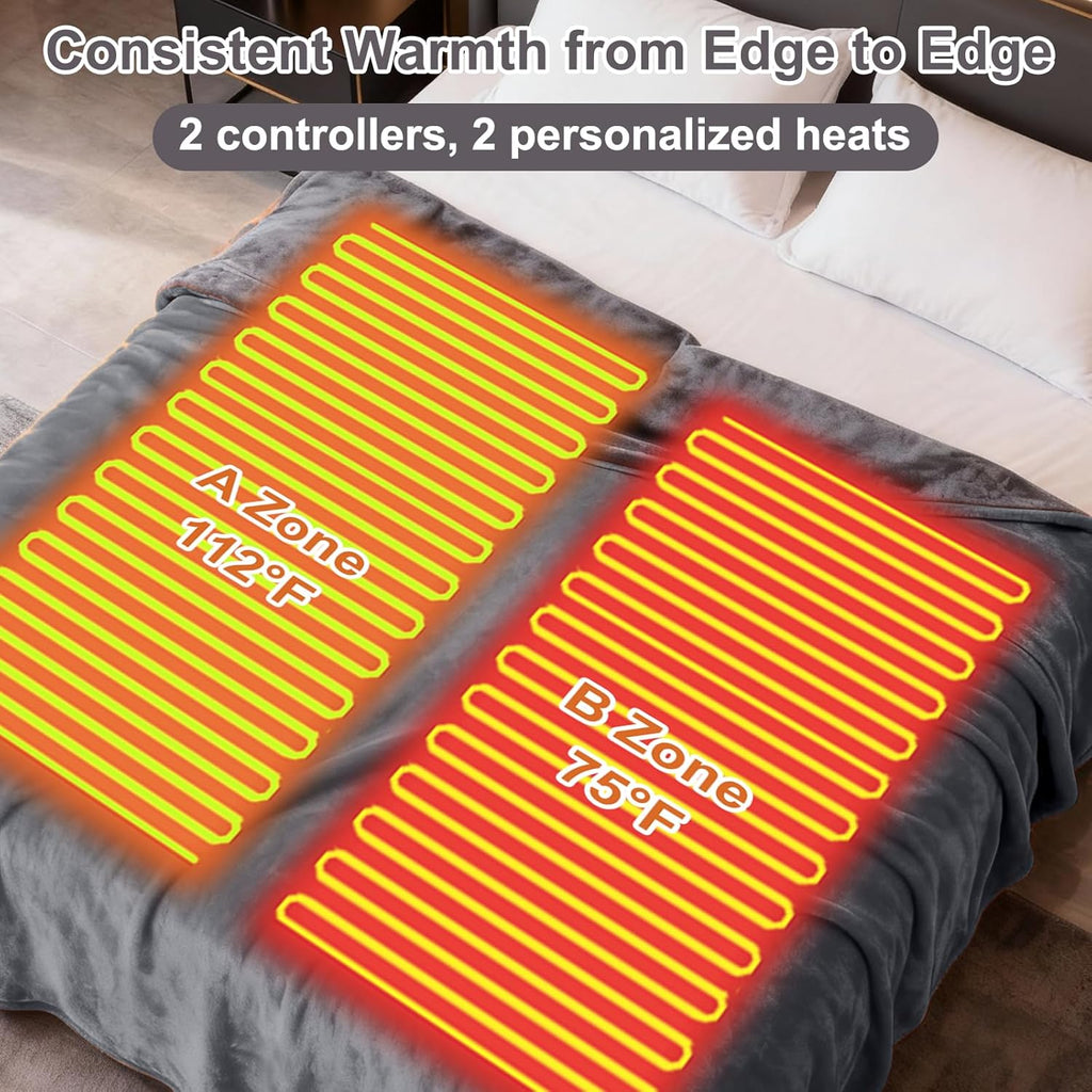 Heated Blanket Electric Blanket King 90"x100" Dual Control Flannel Heating Blanket with 12 Heat Levels 12H Timer Auto Shut-Off Overheat Protection Soft & Cozy Machine Washable (King Size (90"x100"))