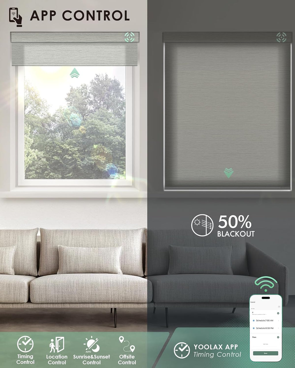 Yoolax Motorized Blinds with Remote, Light Filtering Smart Blinds Compatible with Alexa Google Home, Automatic Shades for Windows Living Room, Custom Size (50% Blackout V-Shimmer Horizontal Beige)