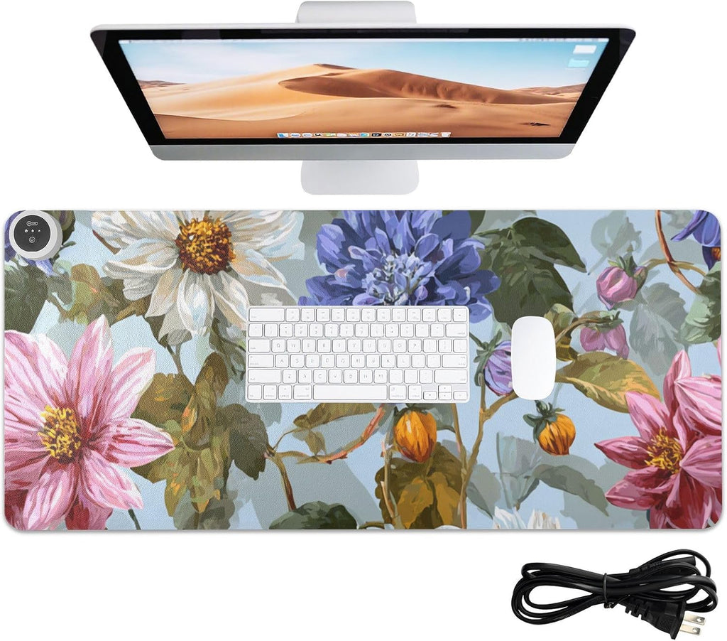 Heated Desk Pad Mouse Pad 31.5x13 Inch PU Leather Desk Mat with 3 Heat Levels Large Mouse Gaming Computer Laptop Mat Blue Daisies Dahlias Bluebells