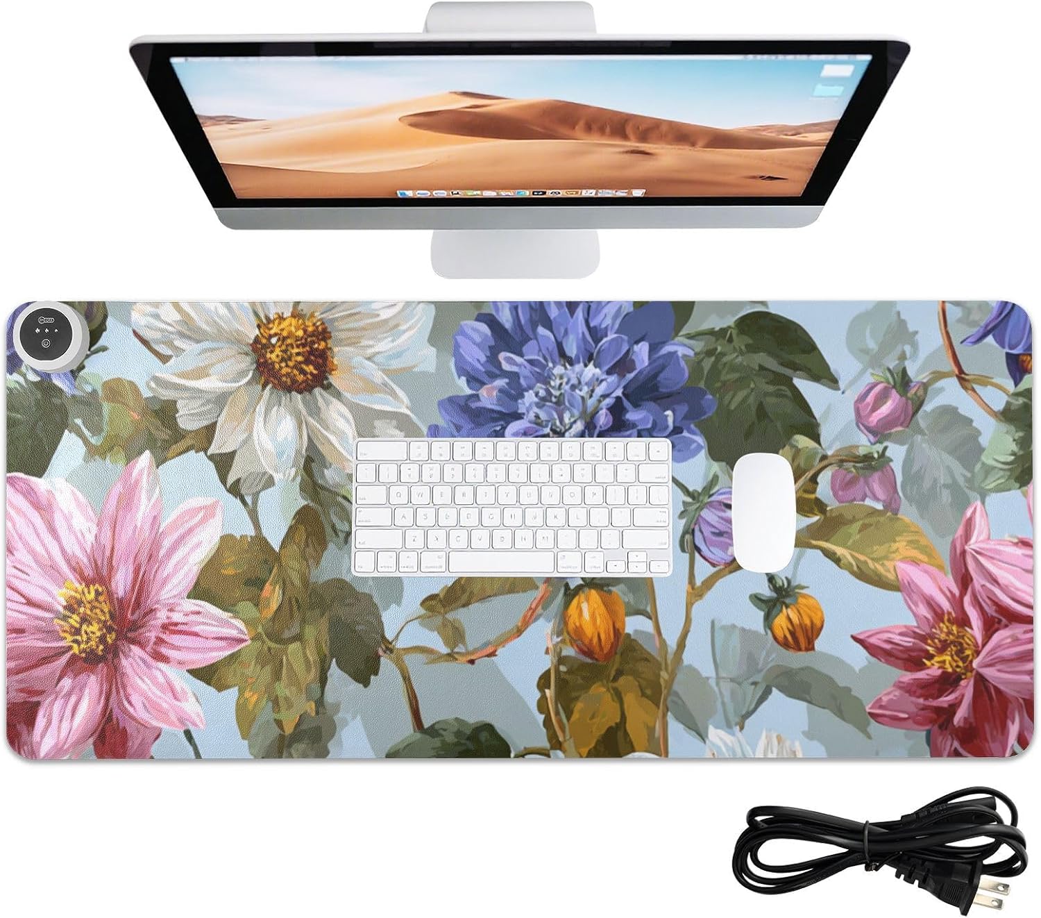 Heated Desk Pad Mouse Pad 31.5x13 Inch PU Leather Desk Mat with 3 Heat Levels Large Mouse Gaming Computer Laptop Mat Blue Daisies Dahlias Bluebells