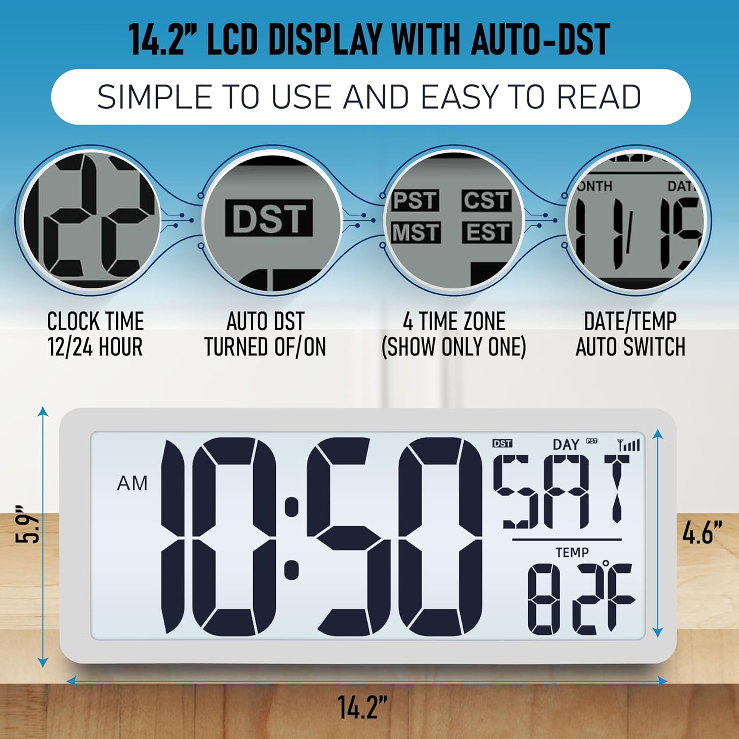 TXL Atomic Clock with Backlight, 14.2" Digital Wall Clock, Battery Operated, Large Display with Day, Date & Temperature, Bedroom, Living Room, Office