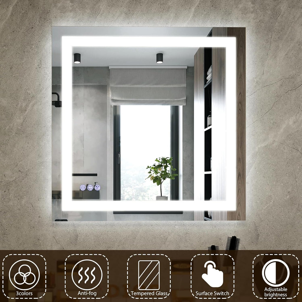 VooBang Bathroom Mirror with Lights 40 x 40 inches - 3 Adjustable Lighting Modes LED Bathroom Vanity Mirror, Anti-Fog, Memory Function, Tempered Glass, Wall Mounted Horizontally Vertically