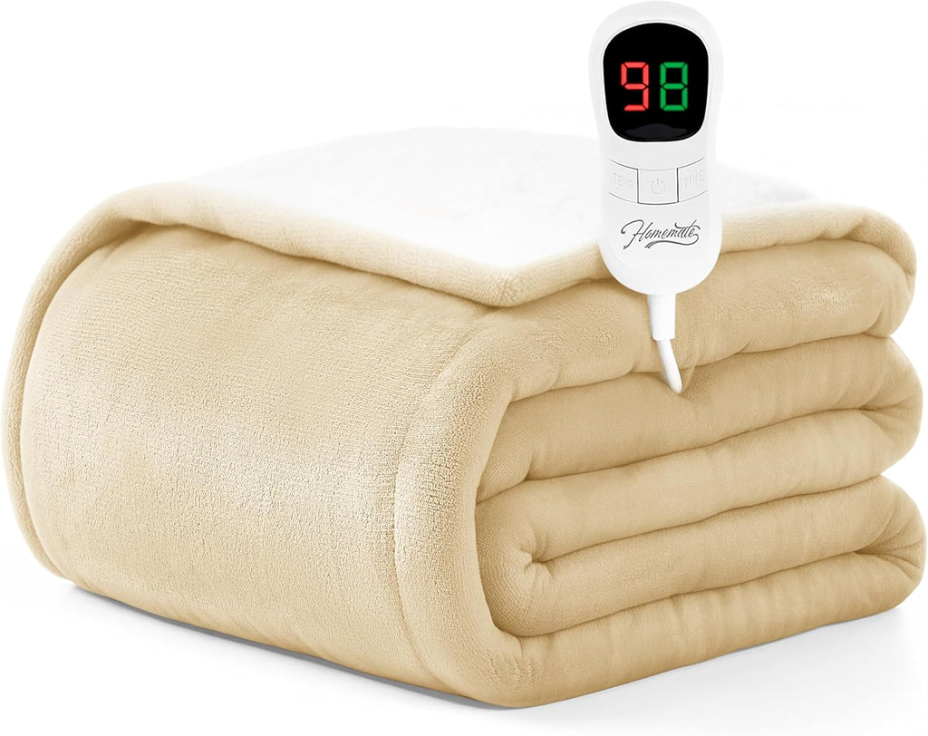 Homemate Heated Blanket Electric Throw - 50"x60" Heating Blanket Throw 1/2/4/6/8 Hours Auto-Off 10 Heat Level Over-Heat Protection Flannel Sherpa ETL Certification