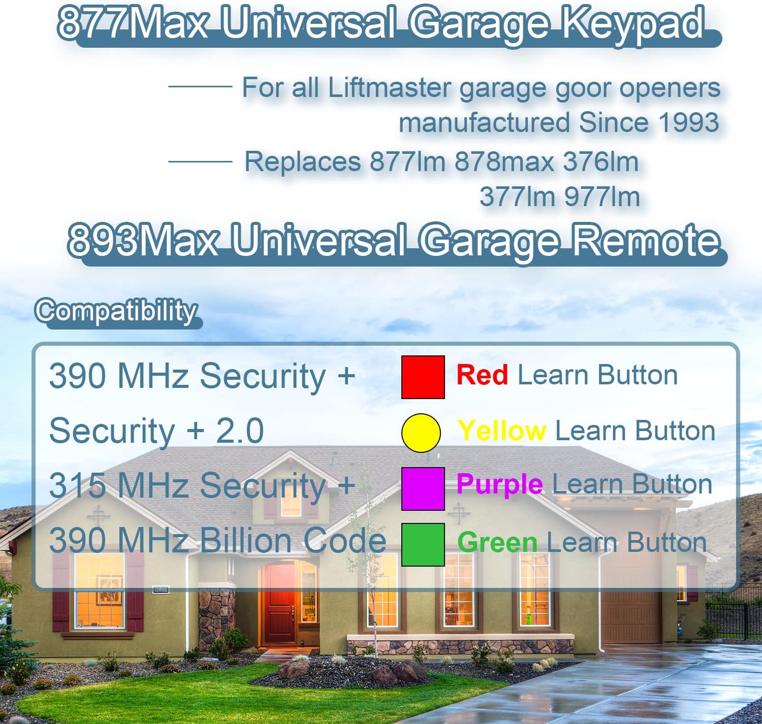 877MAX Keypad with 2 Pack 893MAX Remote, Fit for Liftmaster Garage Door Opener Keyless Entry, Keypad Replace 878MAX 376LM 377LM 877LM 977LM, Remote Replace 893LM G953EV-P2 371LM 373LM 971LM 973LM