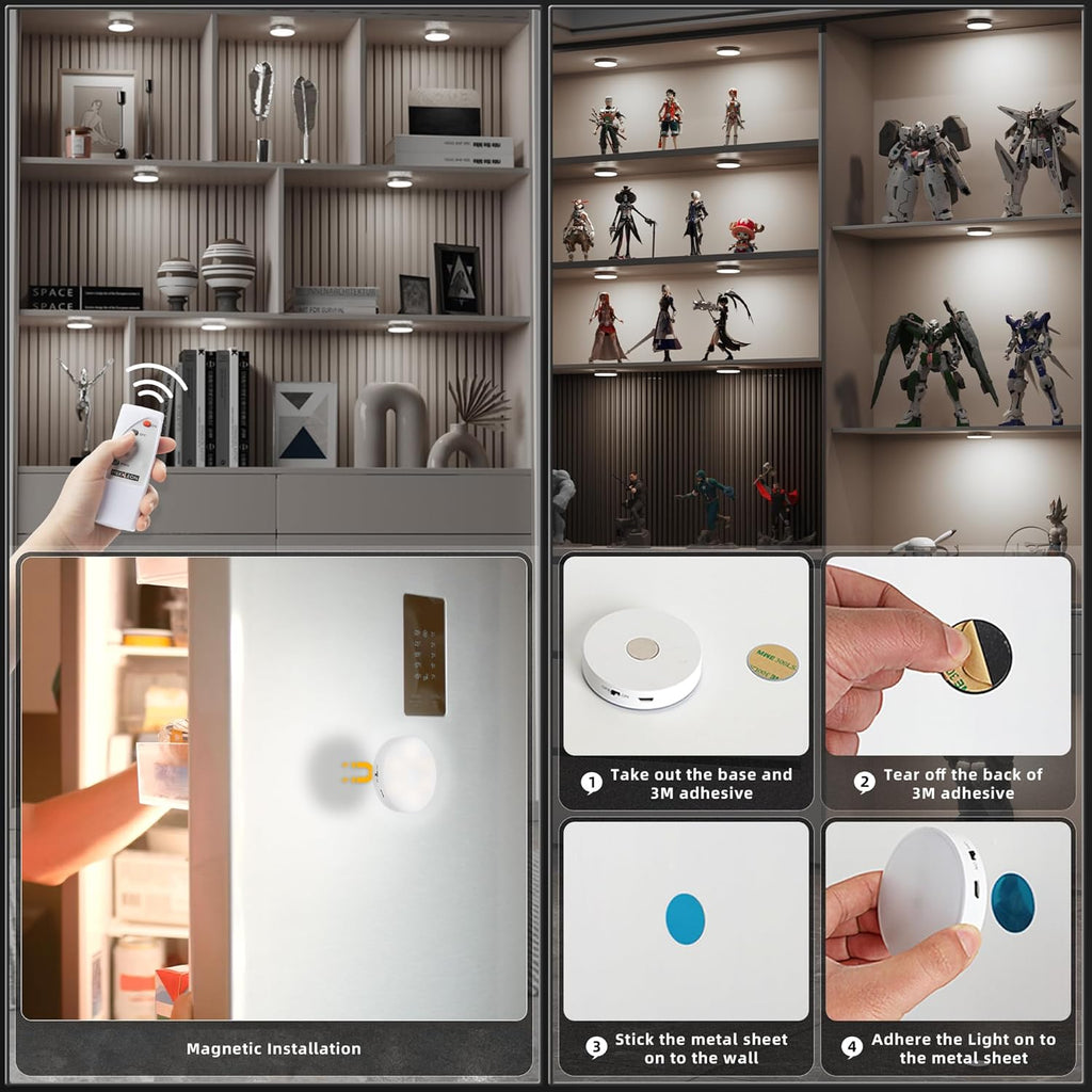 Puck Lights with Remote Control, Under Cabinet Lighting with Magnetic and Cordless, 1200mAh Rechargeable Closet Lights Stick On Lights for Under Cabinet,Hallway, Stairway,Closet (Cool White,9pcs)