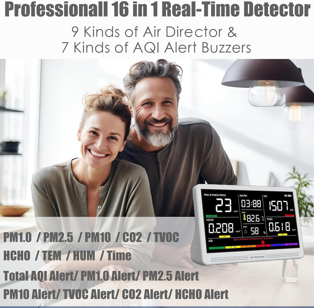 Professional Indoor Air Quality Monitor with 7X AQI Beep Alarms,16 in 1 Portable Real-Time Detector for PM2.5 | PM10 | CO2 | TVOC | HCHO | Temp | Hum for Home Cars Plants Pets