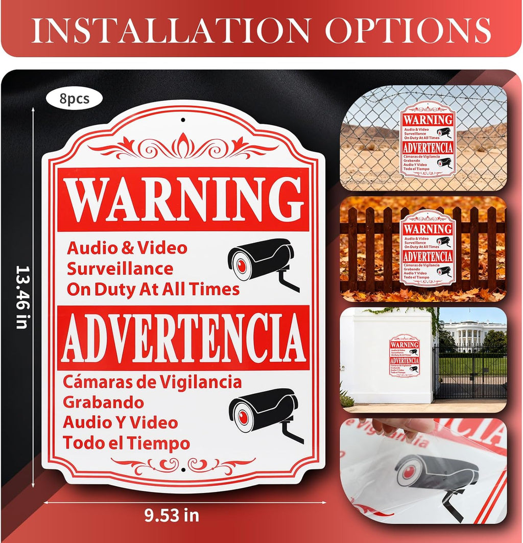 8 Pcs Video Surveillance Sign Private Property, 13.5 x 9.5 inch Thick Aluminum Reflective Sign Warning Advertencia Sign Aluminum UV Ink Printed for Home Business