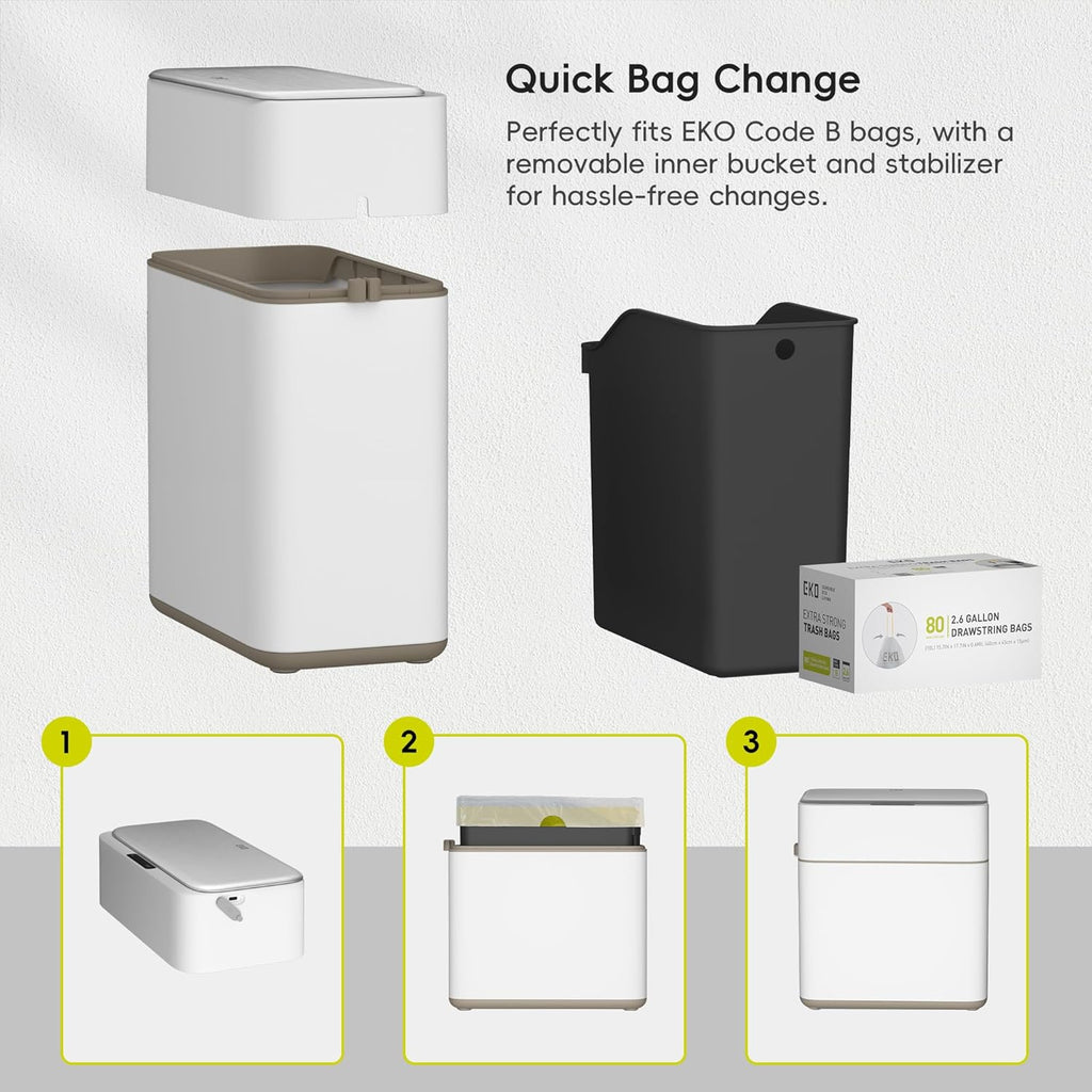 EKO Automatic Bathroom Trash Can with Lid, 2.1 Gallon Touchless Garbage Bin with Removable Bucket, Slim Stainless Steel Garbage Bin, Motion Sensor Trash Can for Bathroom, Bedroom, Office, White
