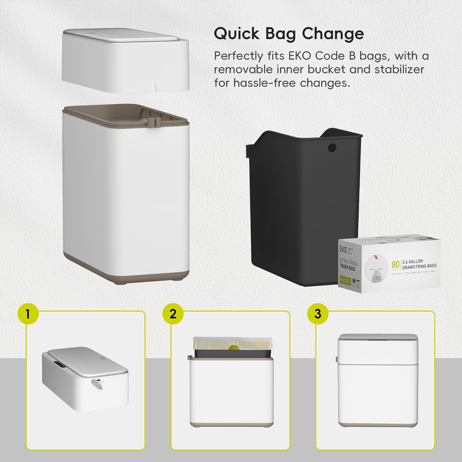 EKO Automatic Bathroom Trash Can with Lid, 2.1 Gallon Touchless Garbage Bin with Removable Bucket, Slim Stainless Steel Garbage Bin, Motion Sensor Trash Can for Bathroom, Bedroom, Office, White