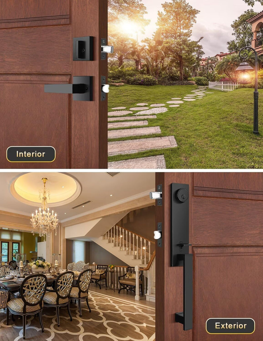 Full Escutcheon HandleSet Front Door Entry Handle and Deadbolt Lock Set Slim Square Single Cylinder Deadbolt and Lever Heavy Duty – Matte Black Finish
