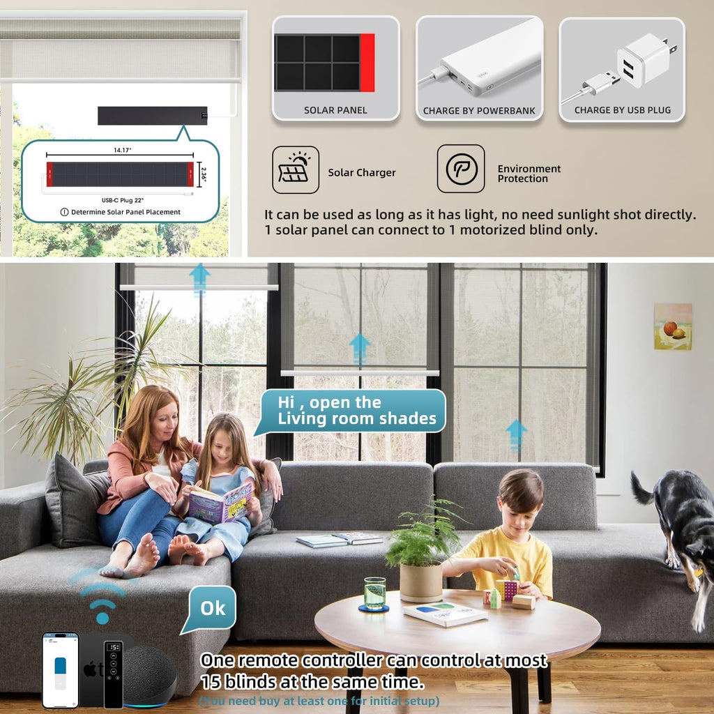 SmartWings Motorized Light Filtering Shades, 50% Blackout PVC Free Smart Blinds, Custom Size, Rechargeable Battery, Works with Matter/Apple HomeKit, Alexa, Thread/Zigbee, Remote Optional, 50% Stone