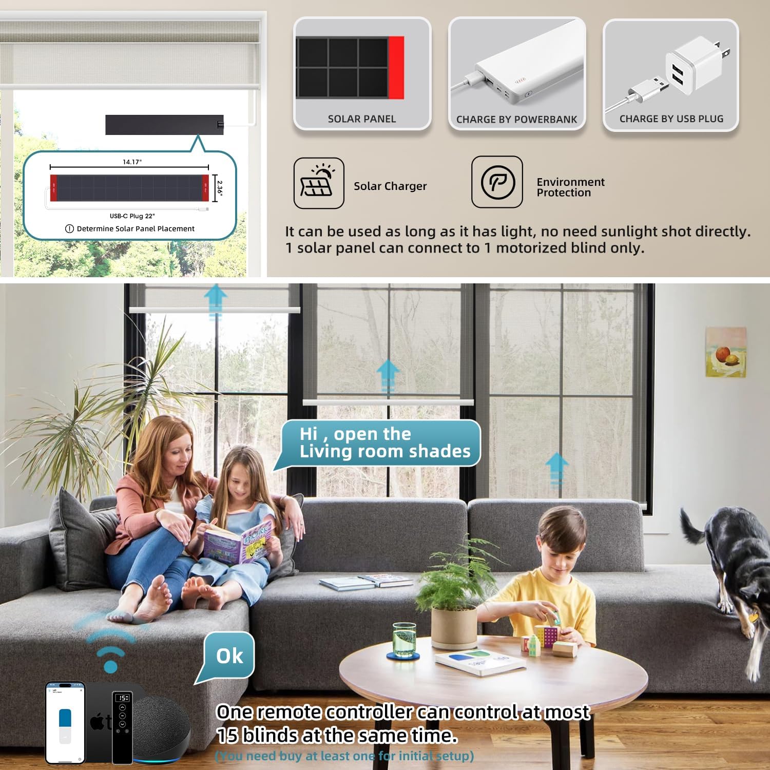 SmartWings Motorized Light Filtering Shades, 50% Blackout PVC Free Smart Blinds, Custom Size, Rechargeable Battery, Works with Matter/Apple HomeKit, Alexa, Thread/Zigbee, Remote Optional, 50% Stone