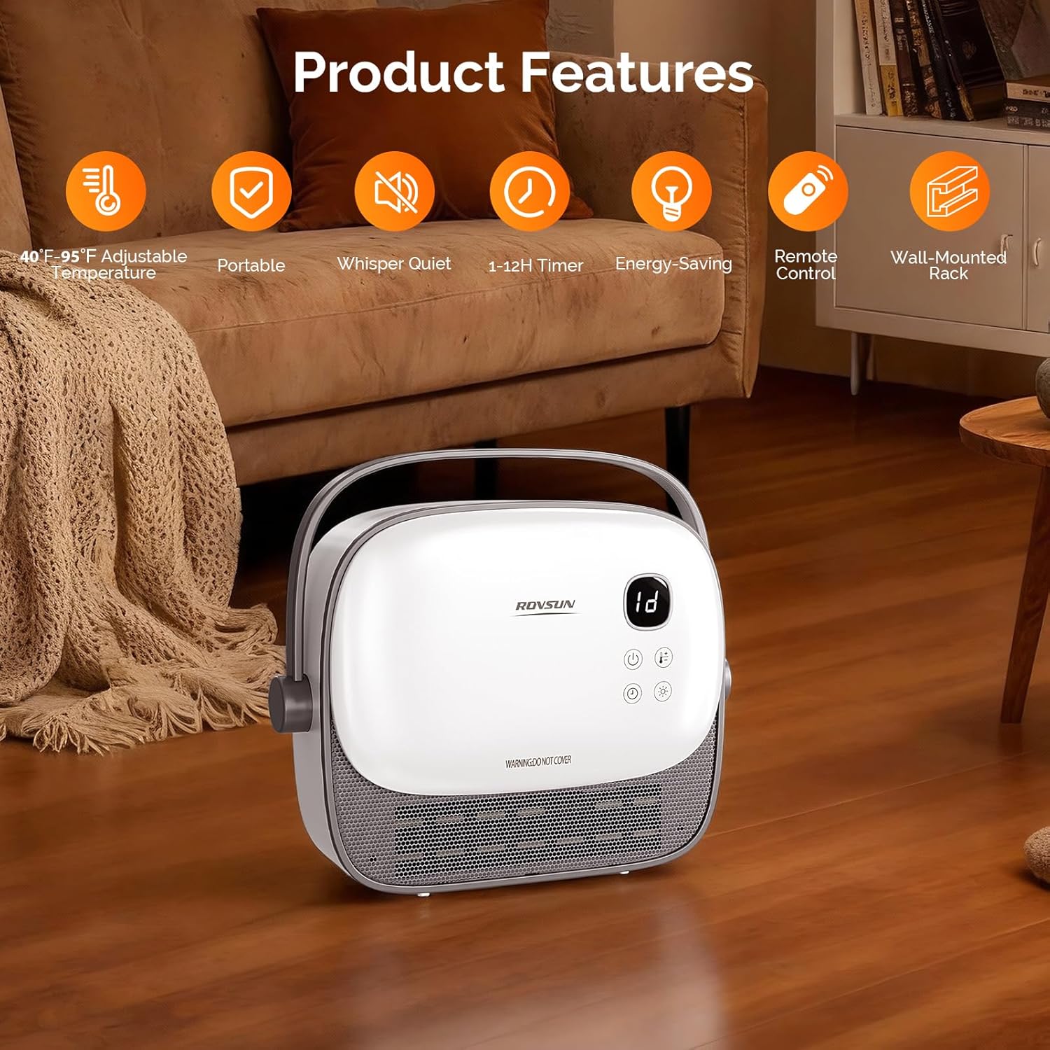 ROVSUN Samll Wall Space Heater with Remote Control, 2-in-1 Electric Heater with Portable Handle, Timer, PTC Heating Elements, Wall Heater for Indoor Use, Living Room, Bedroom, Office, Home, 1500W