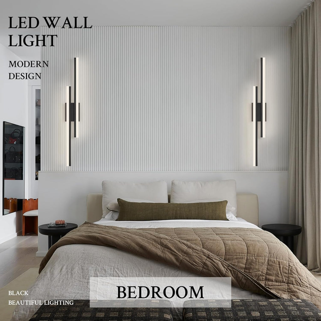 LED Wall Sconce Set of 2 Black Remote Modern LED Vanity Lights Set of 2 Indoor Wall Light Fixtures for Living Room, Dimmable Wall Sconce for Bedside Bedroom Bathroom, 31.5inch 2 Pack