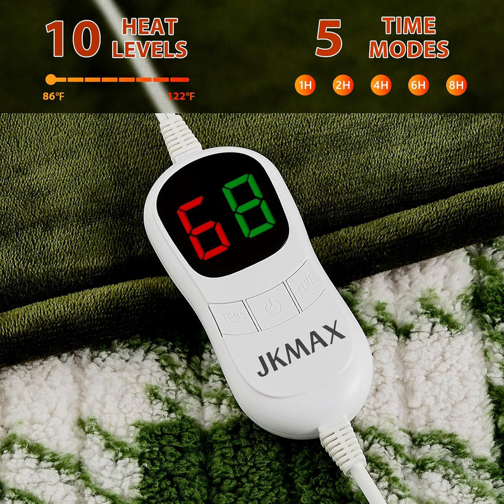 Heated Electric Blanket Twin Size - 62"x84" Flannel Heating Blanket with 10 Heating Levels & 5 Time Settings Over-Heat Protection, Winter Warmer for Adults with ETL Certification（Green）