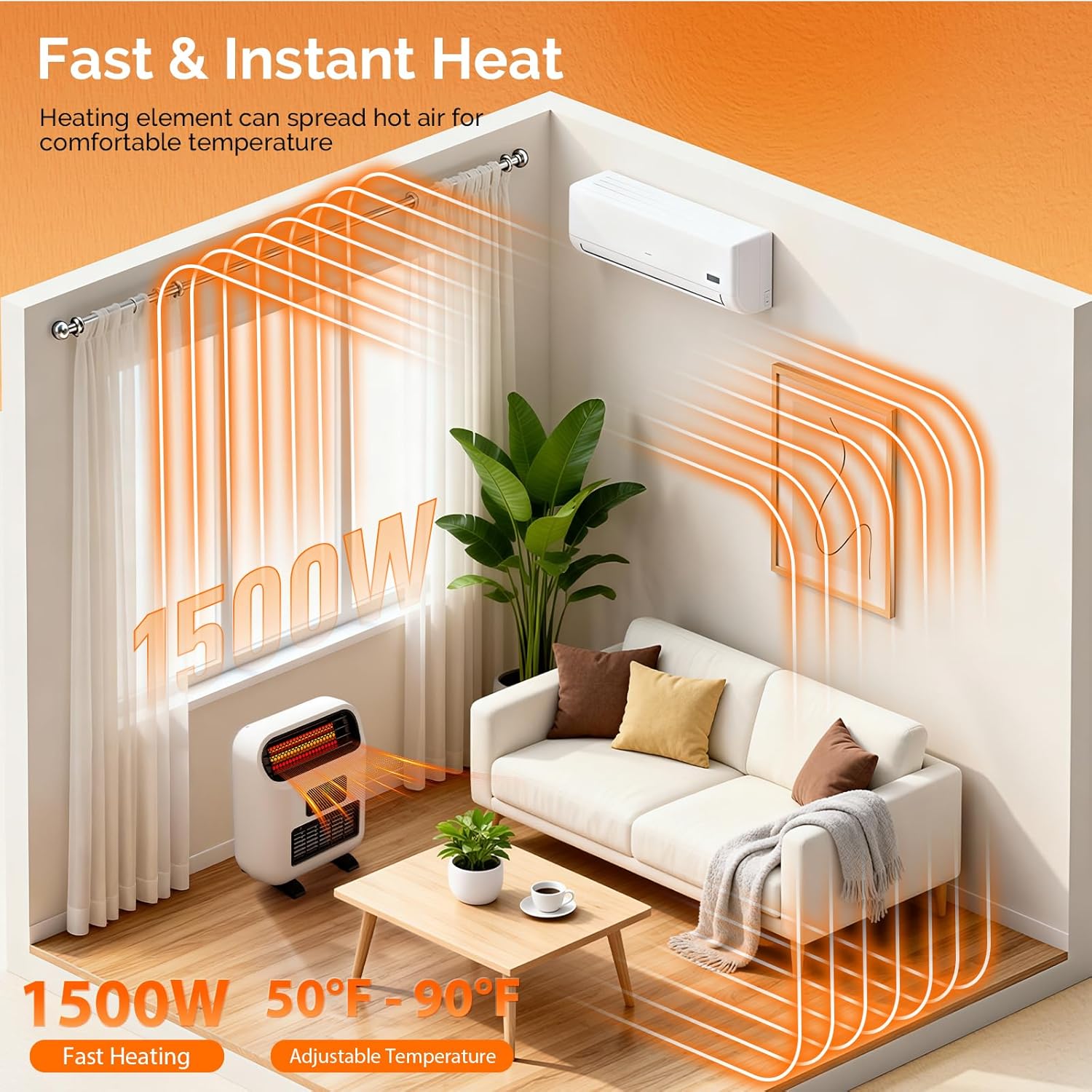 ROVSUN Small Wall Mounted Space Heater with Remote Control, Wall Heaters for Indoor Use, 12H Timer, Adjustable Thermostat, ECO Modes, Child Lock, Quartz Element, for Bedroom, Living Room, Home, 1500W
