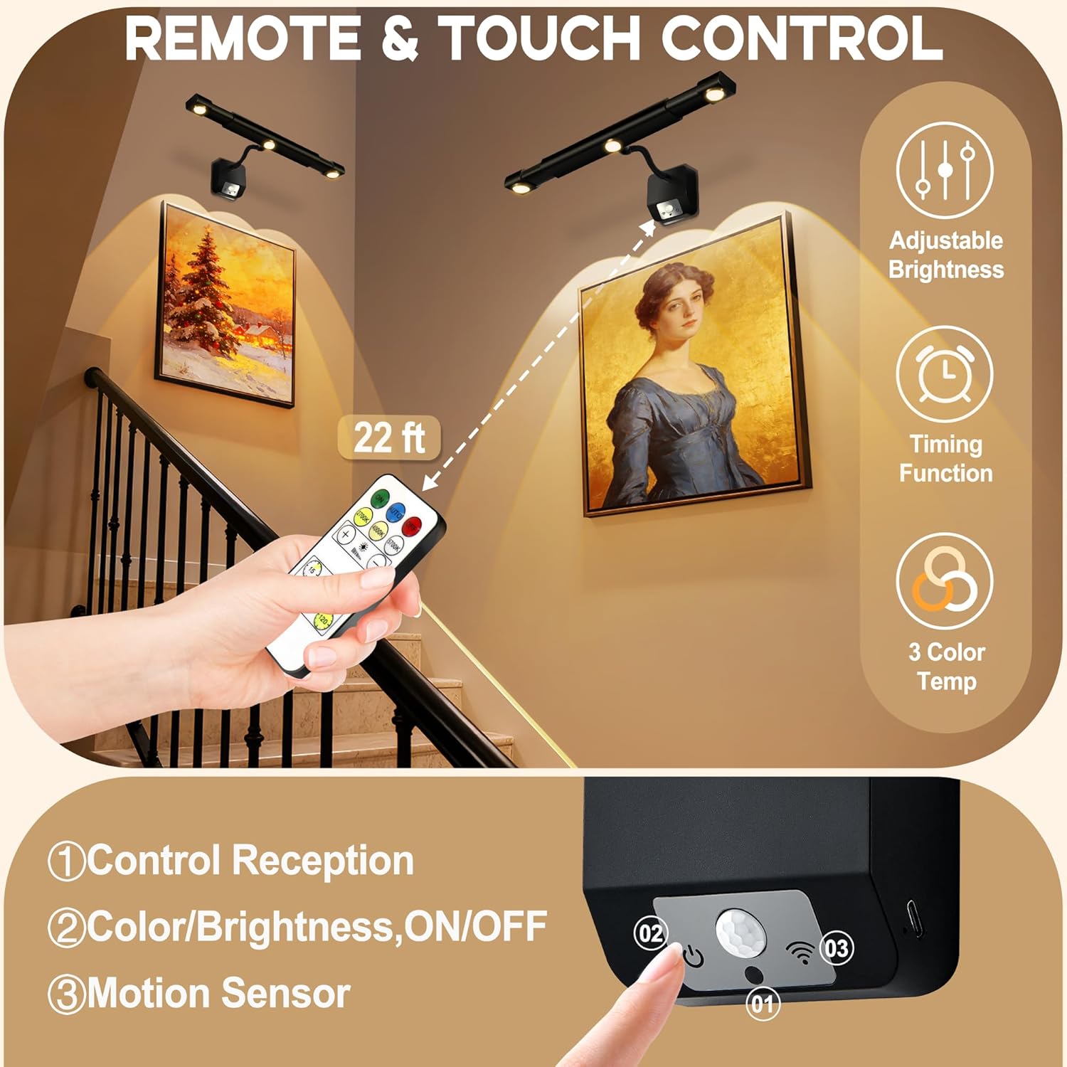 Motion Sensor Wireless Picture Lights for Wall, Dimmable Battery Operated Picture Light with Timer, Extendable Painting Light with Remote, 3 Color Temp, Rotatable Wall Art Light for Paintings