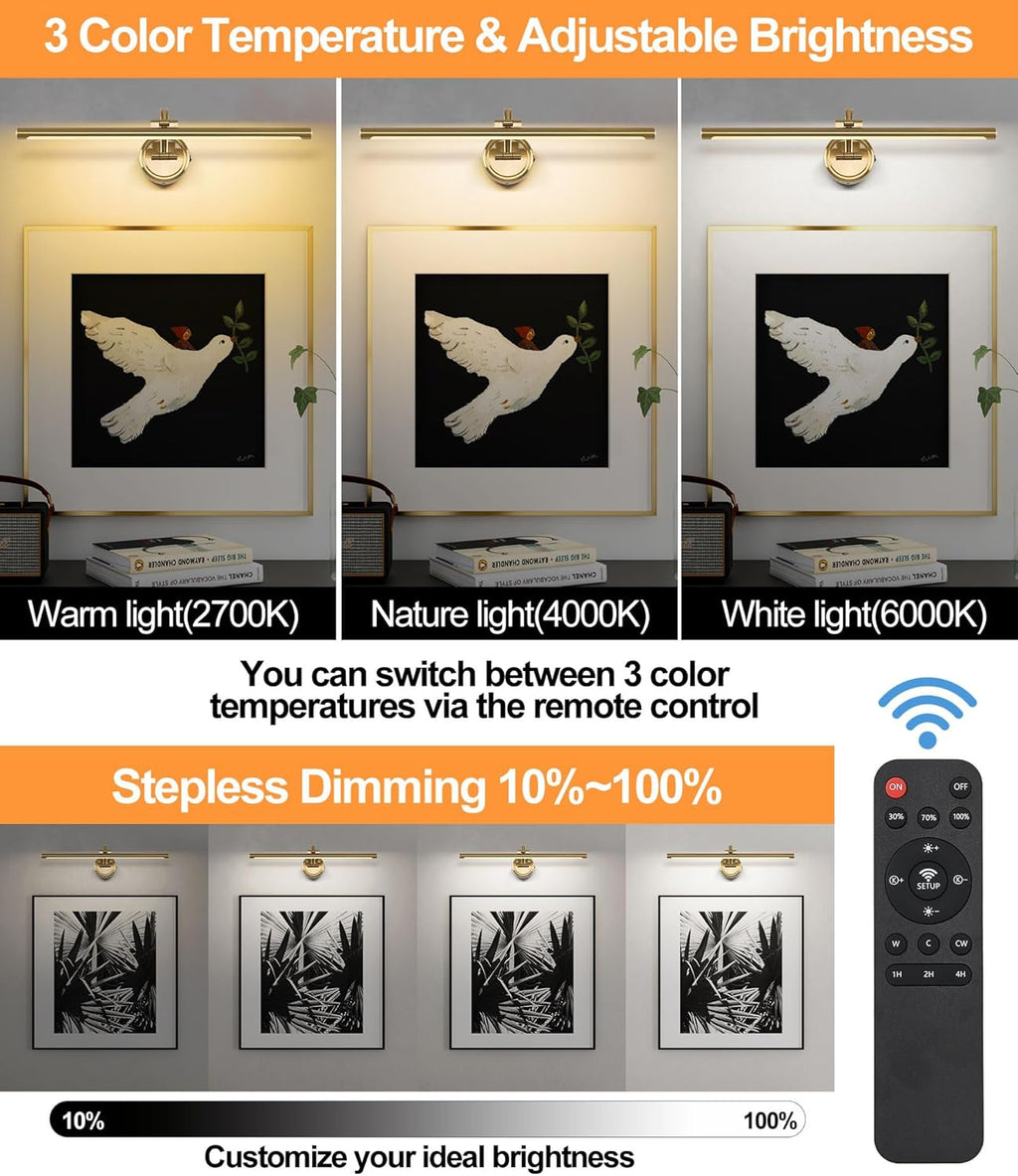 Picture Light for Wall, Dimmable Battery Operated Art Light, Picture Frame Light with Remote & Timer, Cordless Wall Sconce with 3 Colors Temperature for Pantings, Photo Gallery(Brass, 23.6inch)