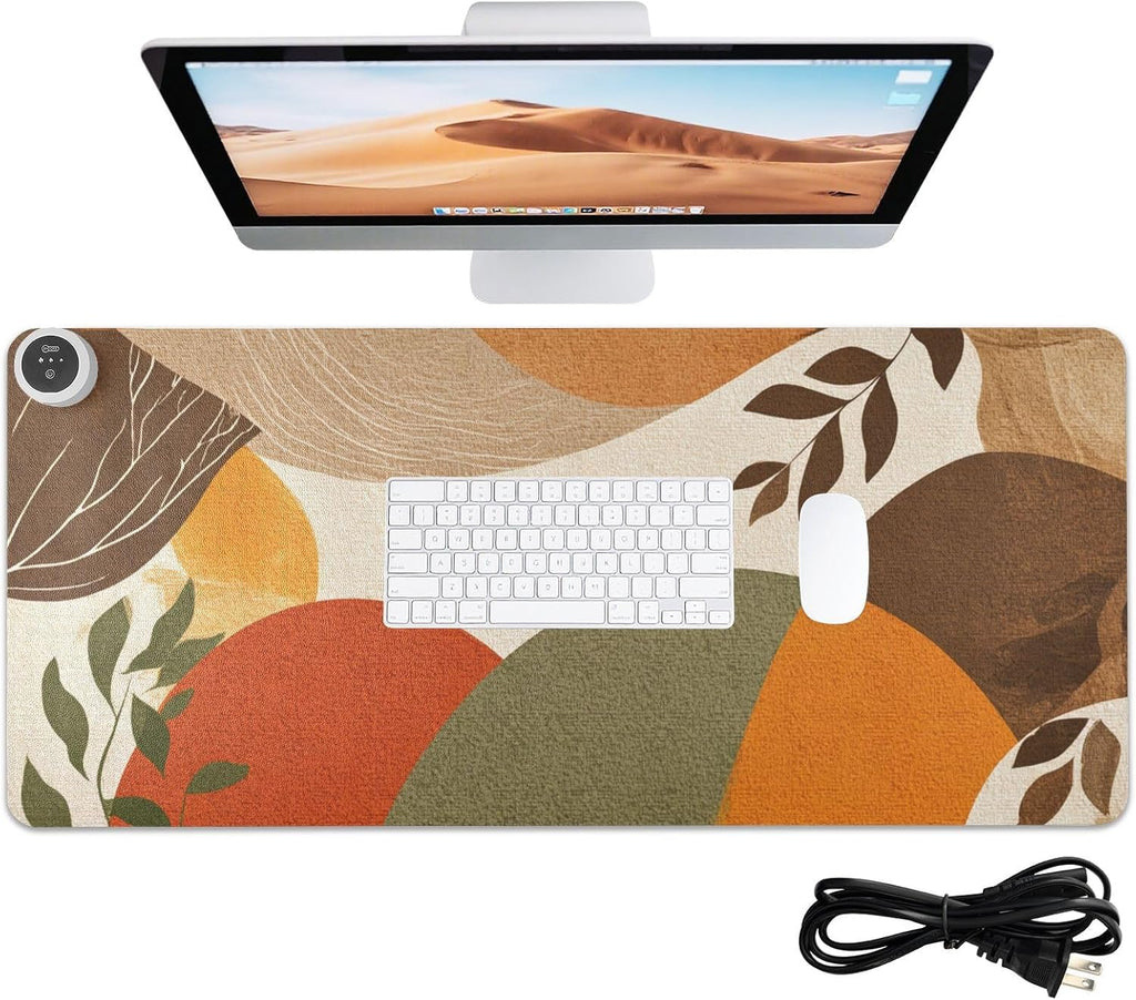 Heated Desk Pad Mouse Pad 31.5x13 Inch PU Leather Desk Mat with 3 Heat Levels Large Mouse Gaming Computer Laptop Mat Boho Brown Pattern