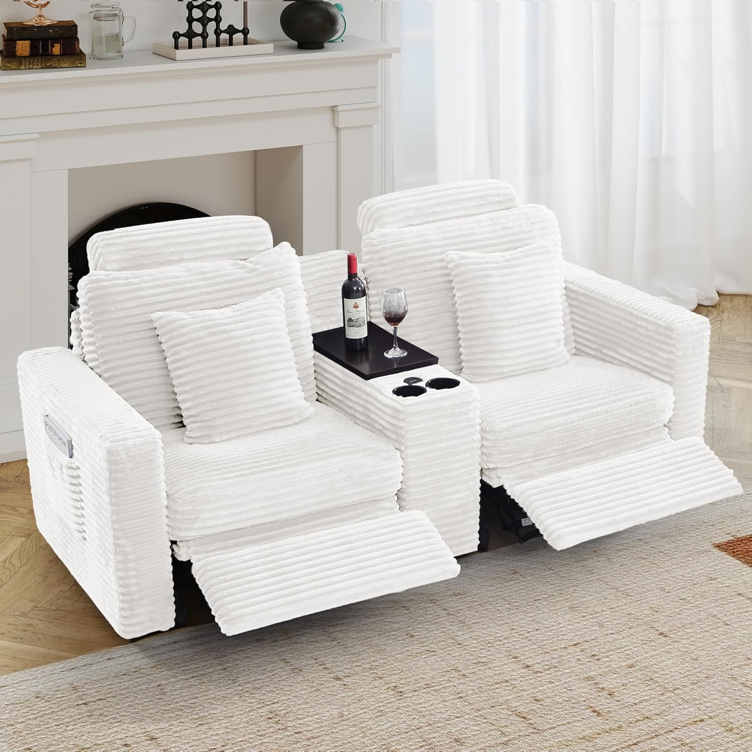 LEVNARY 2-Seater Modular Reclining Sofa with Center Console, Faux Rabbit Fur Power Recliner Loveseat with Cup Holders, USB Charging, Side Pockets & 2 Pillows, Living Room Furniture (White)