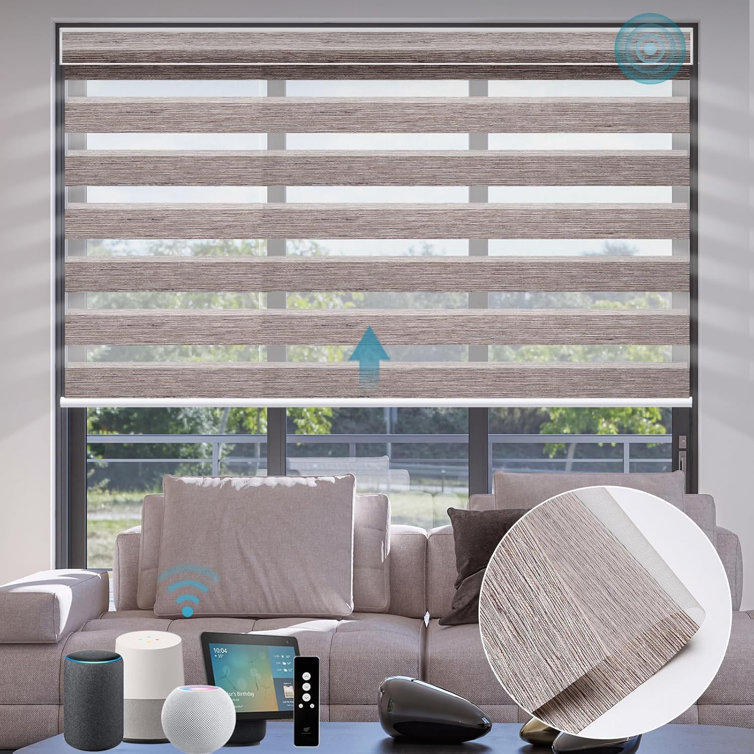 SmartWings Motorized Zebra Shades - Compatible with HomeKit, Alexa, SmartThings, Google - Remote Control Light Filtering Sheer Shades, 50% Blackout, Customized for Smart Home/Office