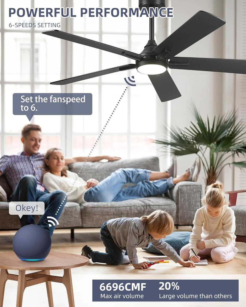 YOUKAIN 52 Inch Ceiling Fans with Lights, Black Ceiling Fan, Smart Fan Remote & APP Control, Reversible Blades, LED Ceiling Fan for Living Room, Bedroom, 52-YJ812-BK