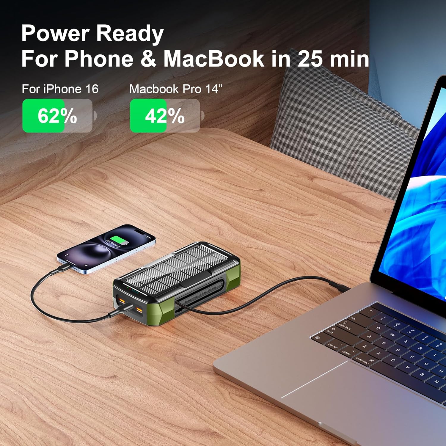 Solar Charger Power Bank 73200mAh, Portable Laptop Charger with 100W USB-C in/Output, Built-in Cables, Hand Crank Power Bank for Mobile Phones, Ideal for Outdoor Use with SOS/Strobe/Strong (green)