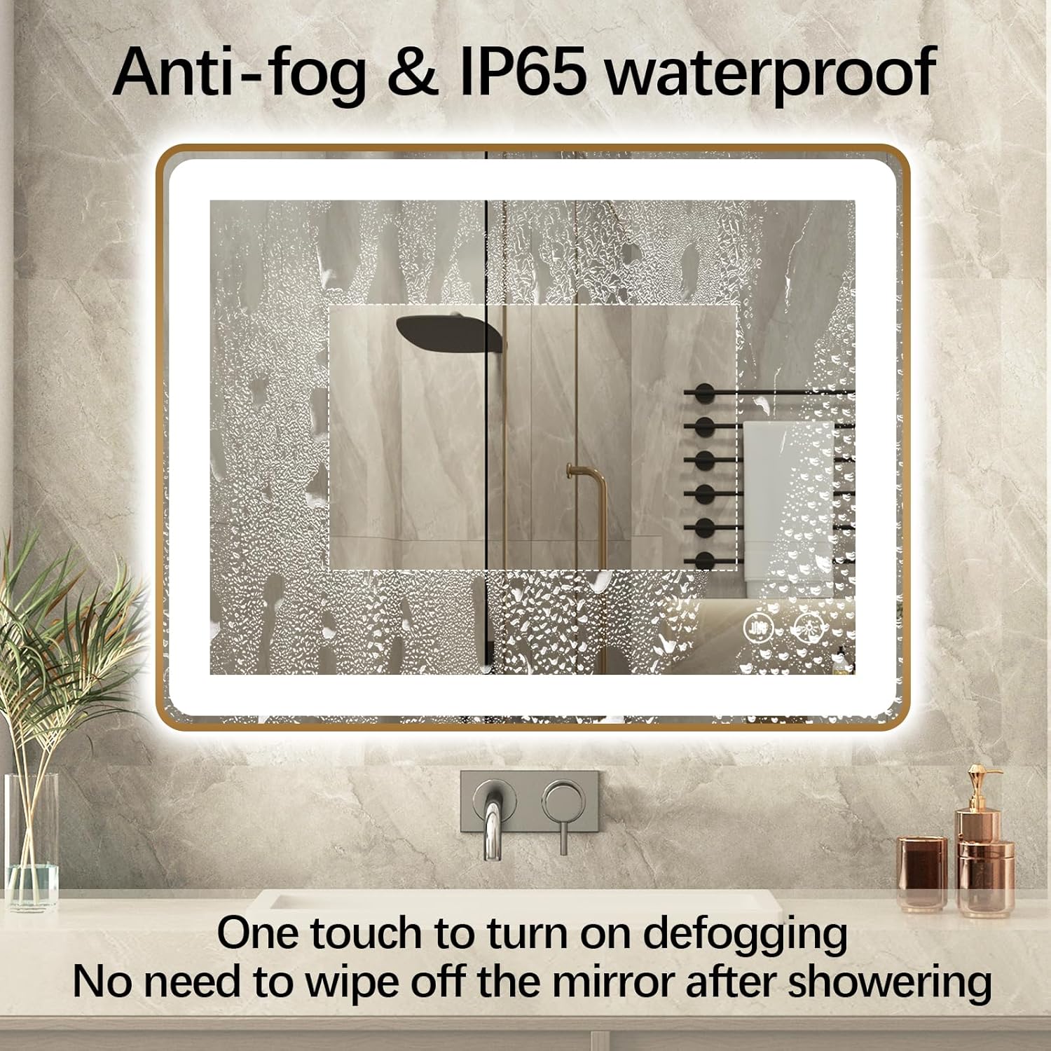 Niccy LED Bathroom Mirror, 32"x20" Rectangle Wall Mounted Vanity Mirrors with Metal Frame, Anti Fog Dimmable Smart Mirror for Bathroom/Bedroom/Livingroom/Entryway, (Horizontal or Vertical),Gold