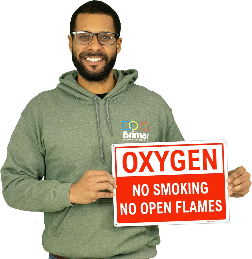 Brimar - 14 x 10" - Oxygen No Smoking No Open Flames Sign - .040″ Rust-Free Aluminum - Clear Message - Easy Installation