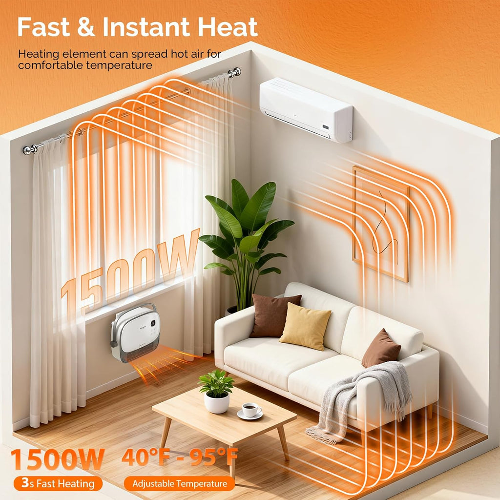ROVSUN Samll Wall Space Heater with Remote Control, 2-in-1 Electric Heater with Portable Handle, Timer, PTC Heating Elements, Wall Heater for Indoor Use, Living Room, Bedroom, Office, Home, 1500W